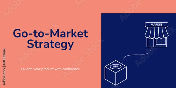 Obraz Go-to-Market Banner on Red and Blue Background. Stylish Product Launch Banner with White and Blue Text and Icons for Business and Marketing