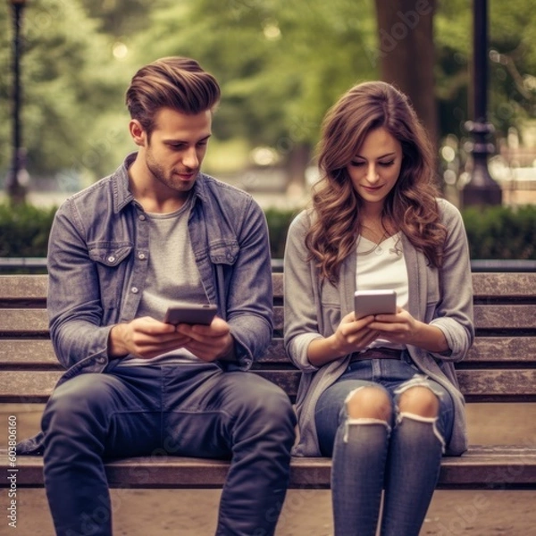 Obraz Vibrant Young Individuals Immersed in the Pleasures of Mobile Smartphone Technology, Embracing Digital Connectivity and Modern Lifestyle. Generative AI