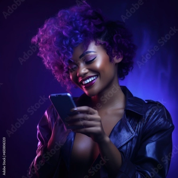 Fototapeta Beautiful african woman looking at the phone, happy smile, color background. Business photo or background. Generative AI