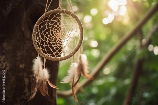 Fototapeta Dream catcher with feathers hanging on a tree during daylight in nature, generative AI