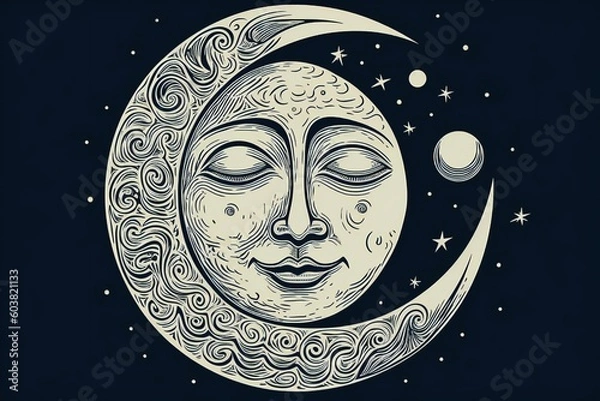 Fototapeta Stylized black and white illustration of a moon with a sleeping face and in a dark background with stars, generative AI