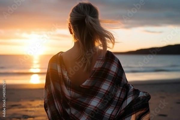 Fototapeta Blond haired girl covered with a cloth plaid blanket standing peacefully at the beach and looking into the ocean , generative AI