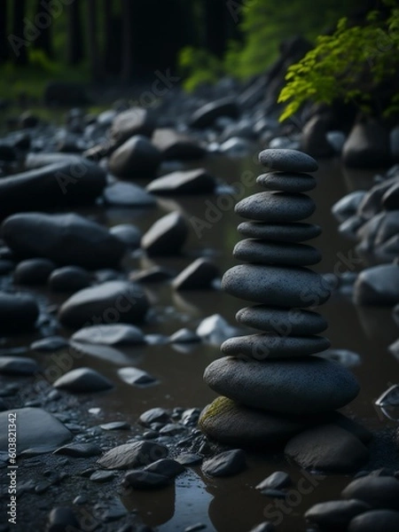 Fototapeta Balanced and stacked zen rocks by the water stream in nature, generative AI