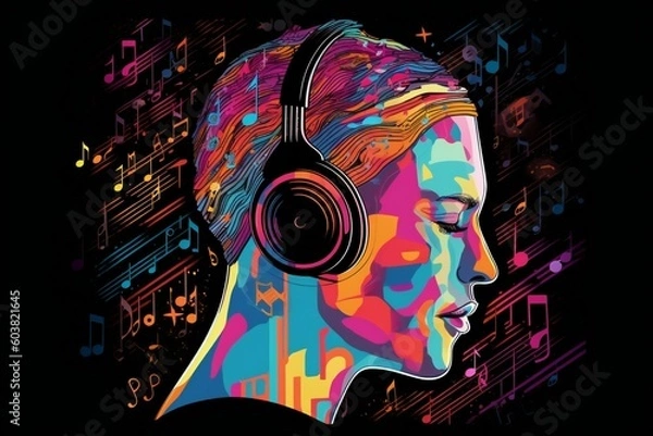 Fototapeta Colorful and abstract illustration of a man's head with headphones listening to music, generative AI