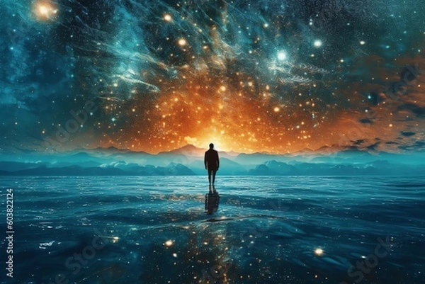 Fototapeta dream of person in the sea and night sky, psychic waves. Generative AI