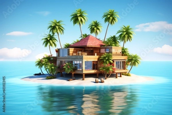 Fototapeta tropical island with palm trees and sea, ai generated