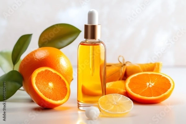 Fototapeta Natural vitamin c serum, skincare, essential oil products. Bottle of vitamin C serum with fresh juicy orange fruit. Beauty product branding mock-up. Ai generated