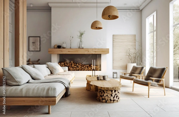 Obraz Fireplace and wooden logs coffee table near gray fabric sofa. Interior design of modern scandinavian living room. Created with generative AI
