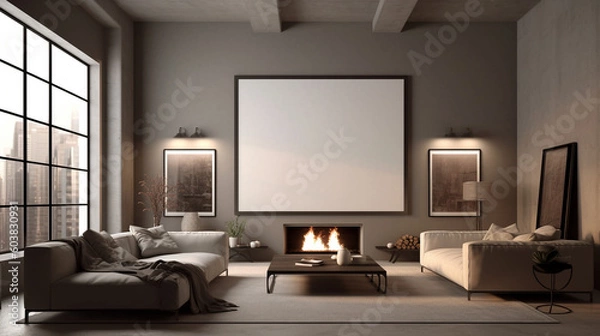 Fototapeta Modern Living Room with an Empty Painting Frame, Showcasing Cozy Ambiance, Generative AI