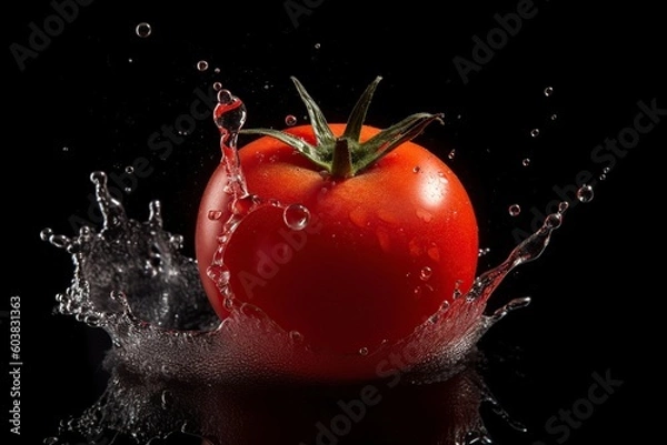 Fototapeta illustration, fresh red tomato falling into water splash, ai generative.