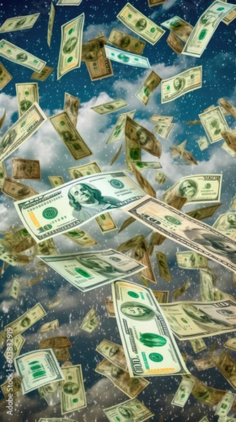 Fototapeta Flying dollars banknotes isolated on a blue background. Money is flying in the air. Money Rain. Generative AI