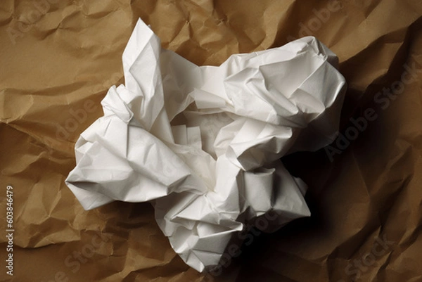 Fototapeta Crumpled white paper on the brown floor, Generative Ai