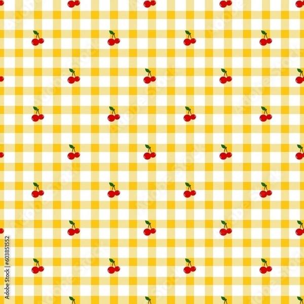 Obraz  Gingham seamless pattern, yellow, white and cherry fruit drawing. Can be used to decorate fashion clothes. Bedding, curtains, tablecloths