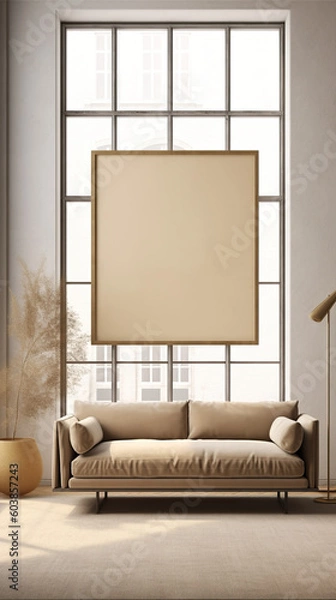 Fototapeta A living room with a couch and a lamp. Generative AI.