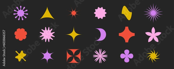 Fototapeta Abstract stars, flowers, sunbursts shapes collection. Primitive geometric forms set in Swiss, bauhaus or Memphis style. Brutalist elements pack for poster, banner, collage. Vector signs bundle. 