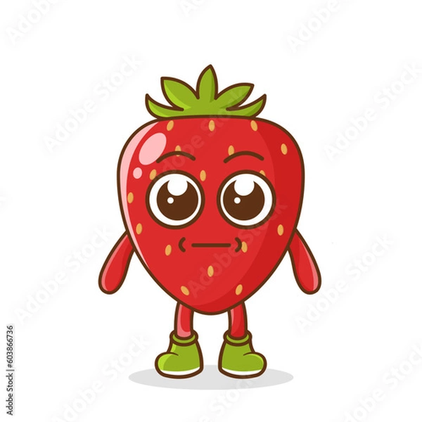 Fototapeta a picture of strawberry fruit with a flat expression. No words straight face strawberry fruit emoji. Vector flat design emoticon icon isolated on white background.