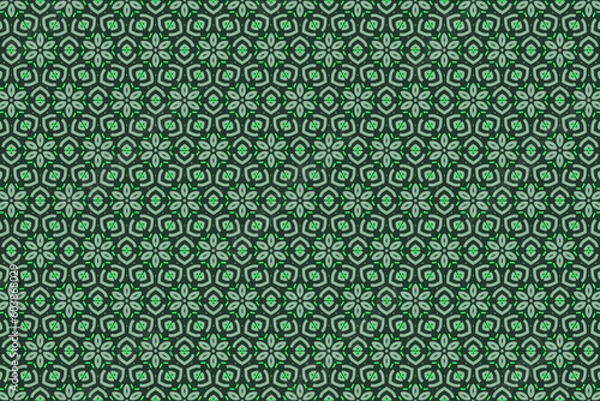 Fototapeta Vector seamless green pattern with ethnic motifs. Geometrical abstract floral background.