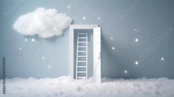 Fototapeta 3d abstract blue background with door, ladder and white clouds flying out. Dream metaphor, modern minimal concept, Generative AI