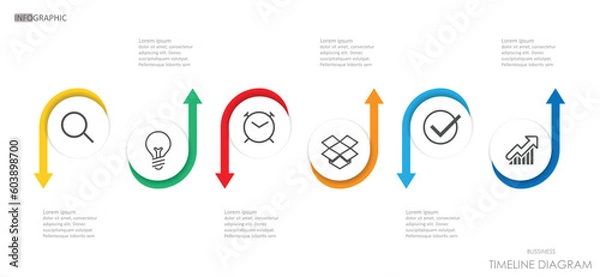 Obraz business project circle arrow up down timeline diagram Infographic roadmap template for business. 6 step modern Timeline charts planner diagram calendar with presentation vector infographics.