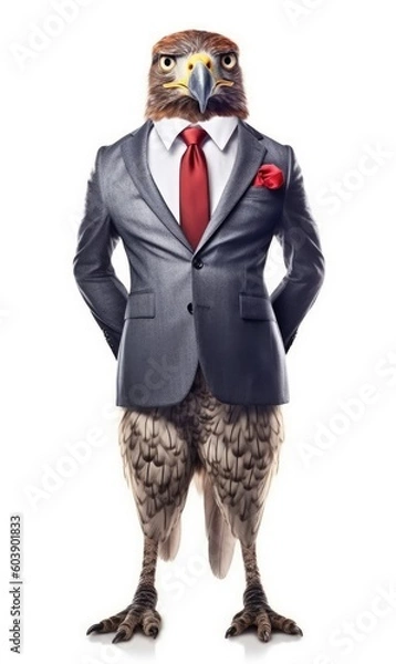 Fototapeta Falcon dressed in a suit like a businessman, isolated on white (generative AI)