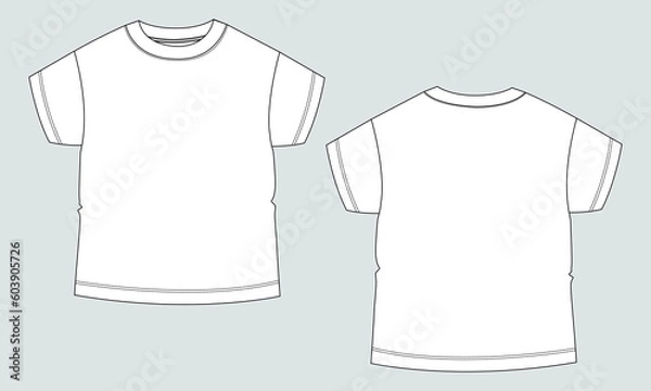 Fototapeta Short sleeve Basic T-shirt technical fashion flat sketch vector Illustration template front and back views. Basic apparel Design Mock up for Kids and boys.