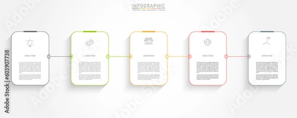 Fototapeta 5 Business option infographic template. Minimal rectangle step workflow number icon presentations. Timeline diagram object vector.