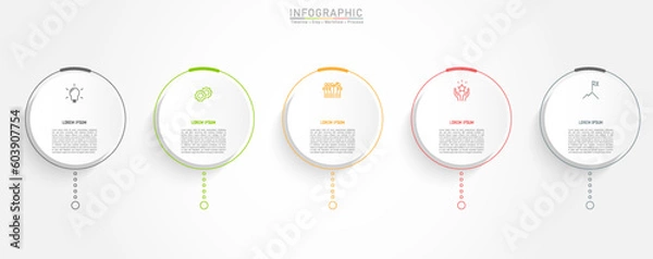 Fototapeta 5 Business option infographic template. Minimal circle step workflow number icon presentations. Timeline diagram object vector.