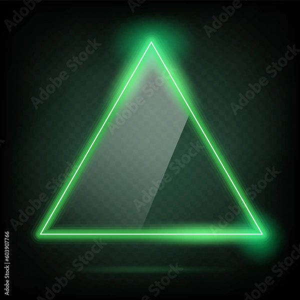 Fototapeta Triangle frame transparent glass effect. Abstract green light neon border shape. Futuristic screen glowing vector background.