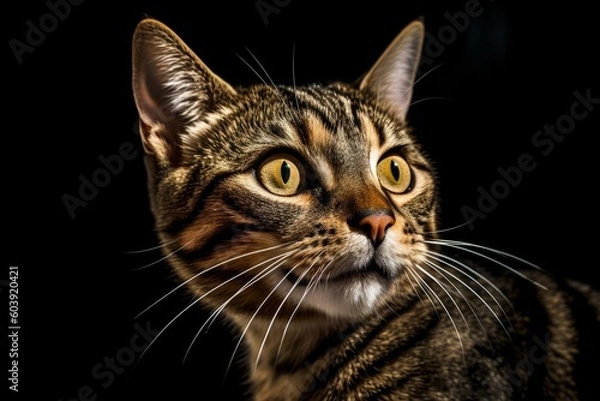 Fototapeta Close-up portrait of a tabby cat on a black background, generative Ai