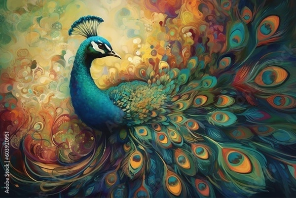Obraz Colourful peacock on abstract colourful background. Digital painting illustration, generative Ai