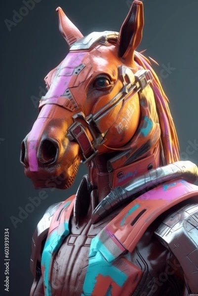 Fototapeta Anthropomorphic robot with head of horse. Beautiful illustration picture. Generative AI