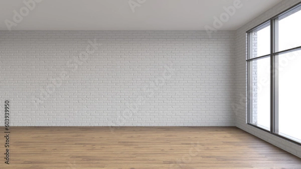 Fototapeta Empty living room interior mockup with white brick wall, wooden floor and big panoramic window with transparent background