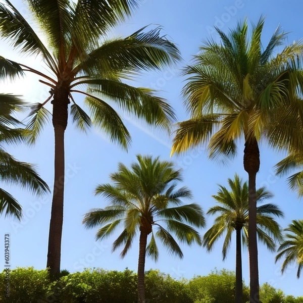 Fototapeta 518 Tropical Palm Trees: A vibrant and tropical background featuring tall palm trees against a clear blue sky in vivid and tropical colors that create a relaxing and exotic atmosphere3, Generative AI