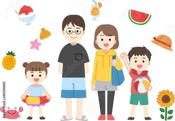 Obraz 夏　水着を着た家族のイラスト