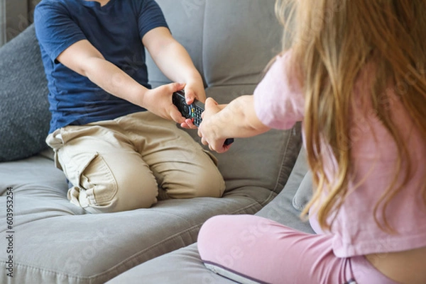 Obraz Brother and sister fighting over the TV remote control