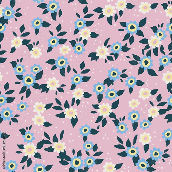 Fototapeta Seamless pattern of a blooming summer meadow. Repeating floral pattern on pale pink. There are many different field white and blue flowers on the field.