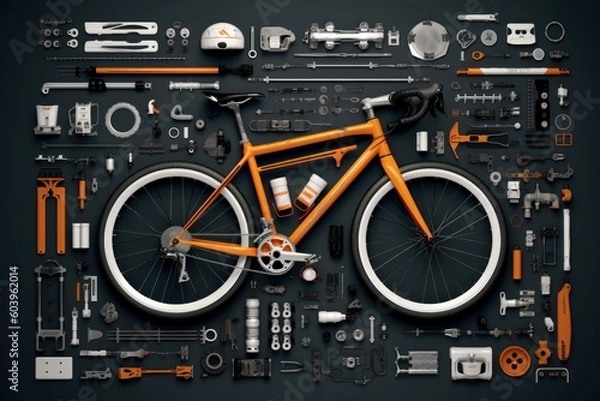 Fototapeta Top view of bicycle and parts of it. Bicycle and parts to it, layout. Beautiful illustration picture. Generative AI