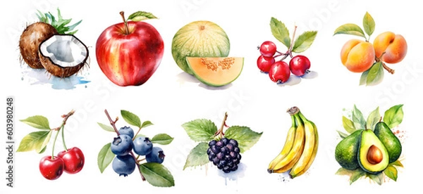Fototapeta watercolor set of fruits with transparent background, generated ai