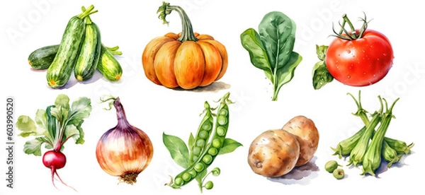 Obraz Watercolor vegetables Set with transparent background, generated ai