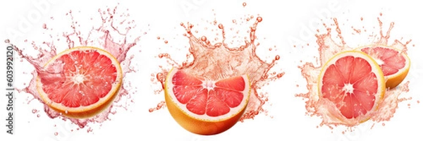 Fototapeta grapefruit with dynamic grapefruit juice splash variations on transparent background