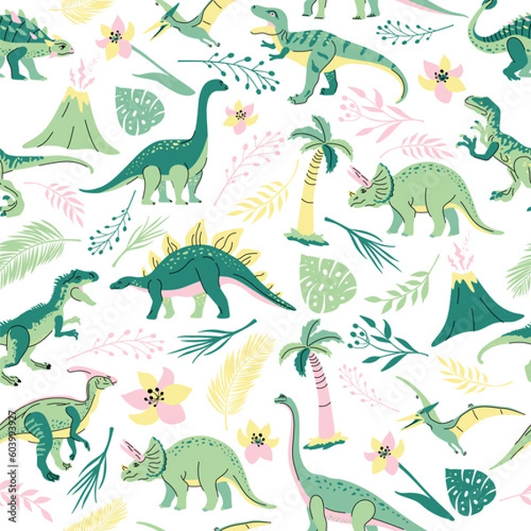 Fototapeta Seamless pattern with bright dinosaurs and green plants including T-rex, Brontosaurus, Triceratops, Velociraptor, Pteranodon, Allosaurus, etc. Isolated on white