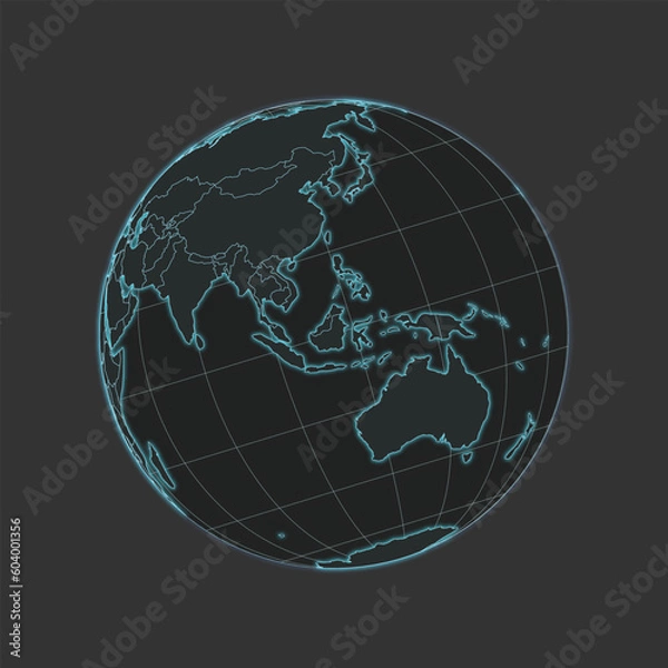 Fototapeta High quality vector World/Asia/Australia Map - globe in grey & blue colors. Isolated detailed editable illustration with countries & graticules on dark grey background with neon lighting effects.