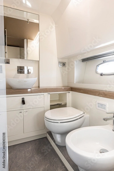 Fototapeta yacht Interior of a modern bathroom with white bathtub and toilet. Nobody inside