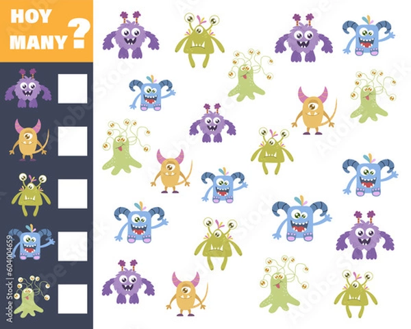 Fototapeta Counting game for preschool children. Educational math game. Count how many monsters there are