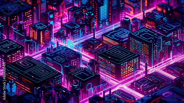 Obraz Digital futuristic cities, with neon lights and buildings AI Generated