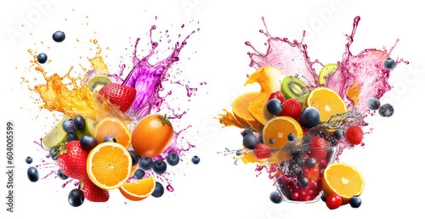 Fototapeta colorful multi-vitamin fruit juice splash variations on transparent background