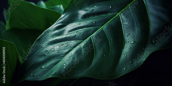 Fototapeta Closeup jungle, tropical green leaf. Macroshoot of  green leaves. tropical forest plant. Natural botanical background, banner, cover. Generative ai.