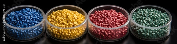 Obraz Recycled crushed plastic granules turned into new reused material. Plastic crossover. Recycled plastic with mixed colors. Generative AI