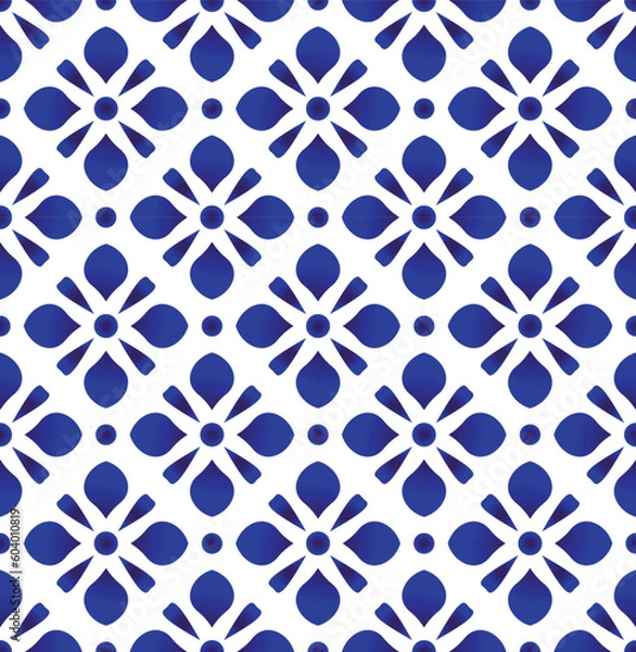 Obraz Porcelain pattern. Chinese ceramic background. Blue and white pottery backdrop modern design. Indigo wallpaper. Chinaware seamless vector illustration.