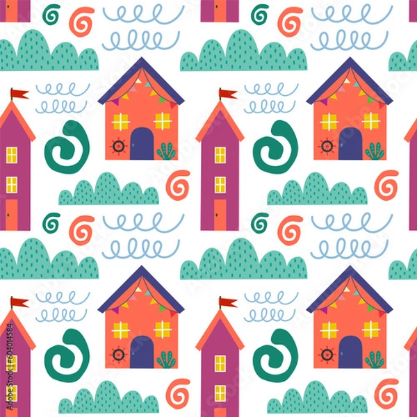 Obraz Seamless pattern with beach house and plants. Vector background with a marine theme.